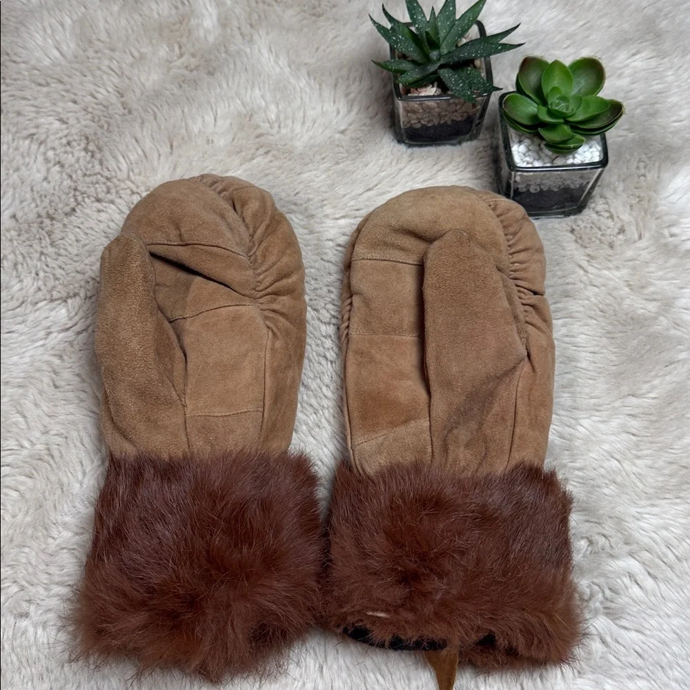 Jacob Ash Holdings Leather Mittens Faux Fur Detail Women's Medium Lined